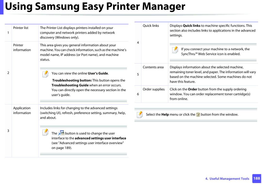 Samsung M283x series, M282x, M262x Troubleshooting button This button opens, Troubleshooting Guide when an error occurs 