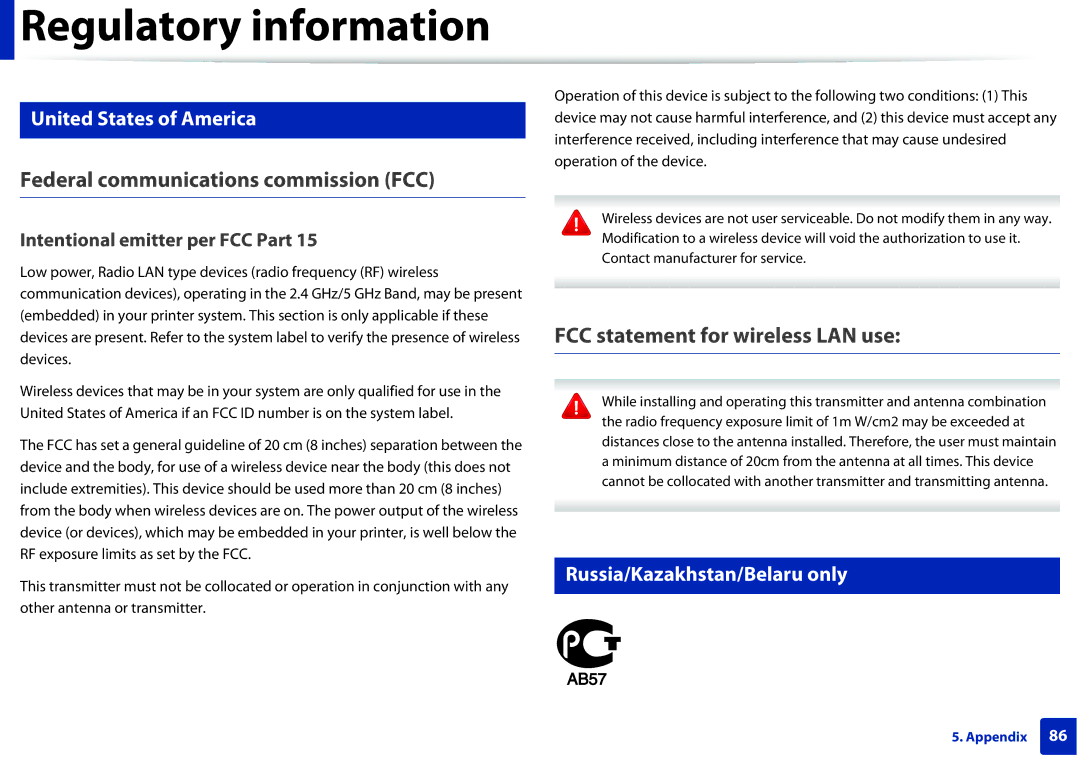 Samsung M283x series Federal communications commission FCC, FCC statement for wireless LAN use, United States of America 