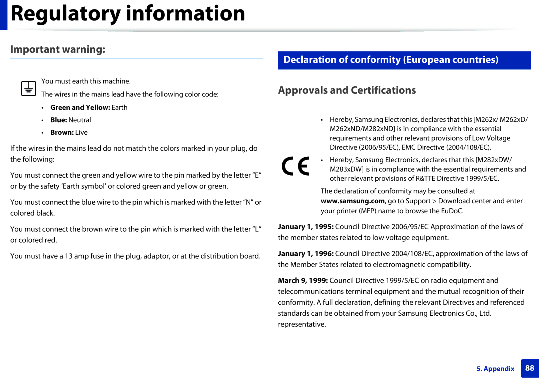 Samsung M262x Important warning, Approvals and Certifications, Declaration of conformity European countries, Brown Live 