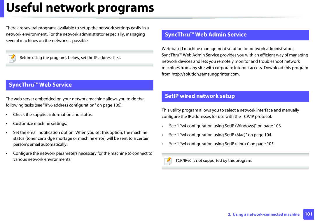 Samsung M262x, M282x, SLM2625DXAC, SLM2825DW SyncThru Web Admin Service, SyncThru Web Service, SetIP wired network setup 