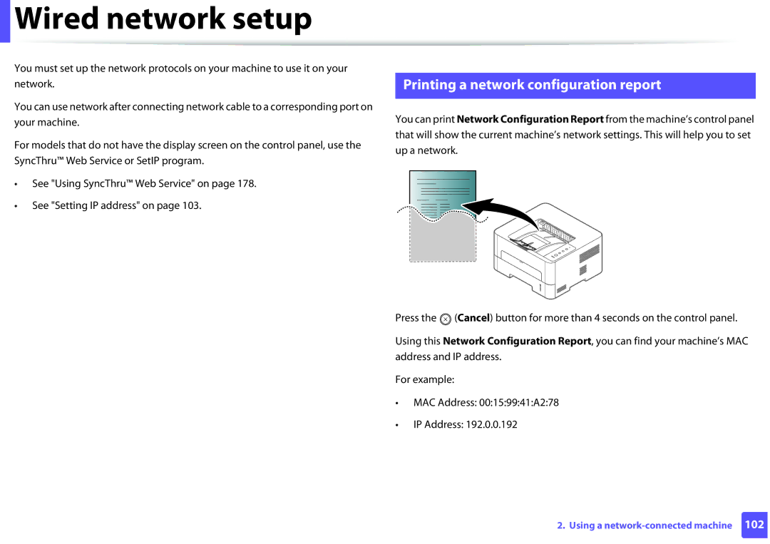 Samsung M282x, M262x, SLM2625DXAC, SLM2825DW manual Wired network setup, Printing a network configuration report 