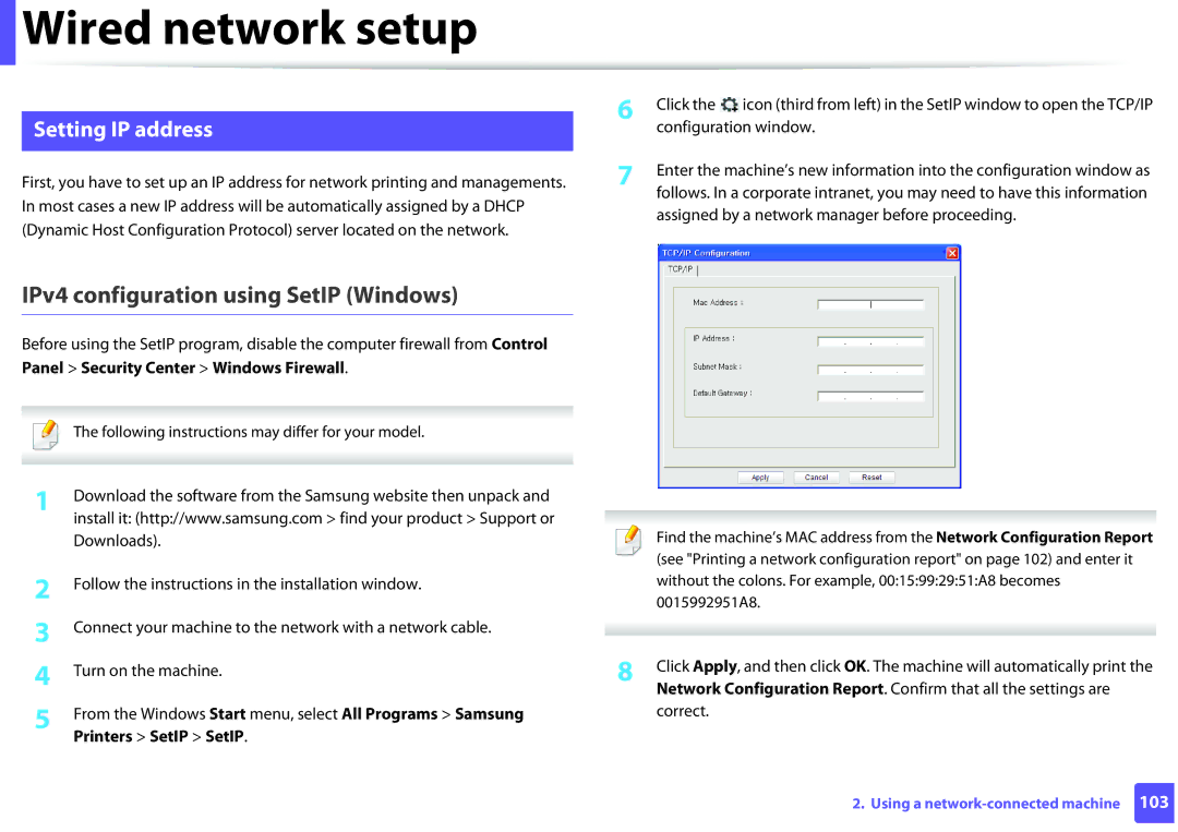 Samsung SLM2625DXAC IPv4 configuration using SetIP Windows, Setting IP address, Panel Security Center Windows Firewall 