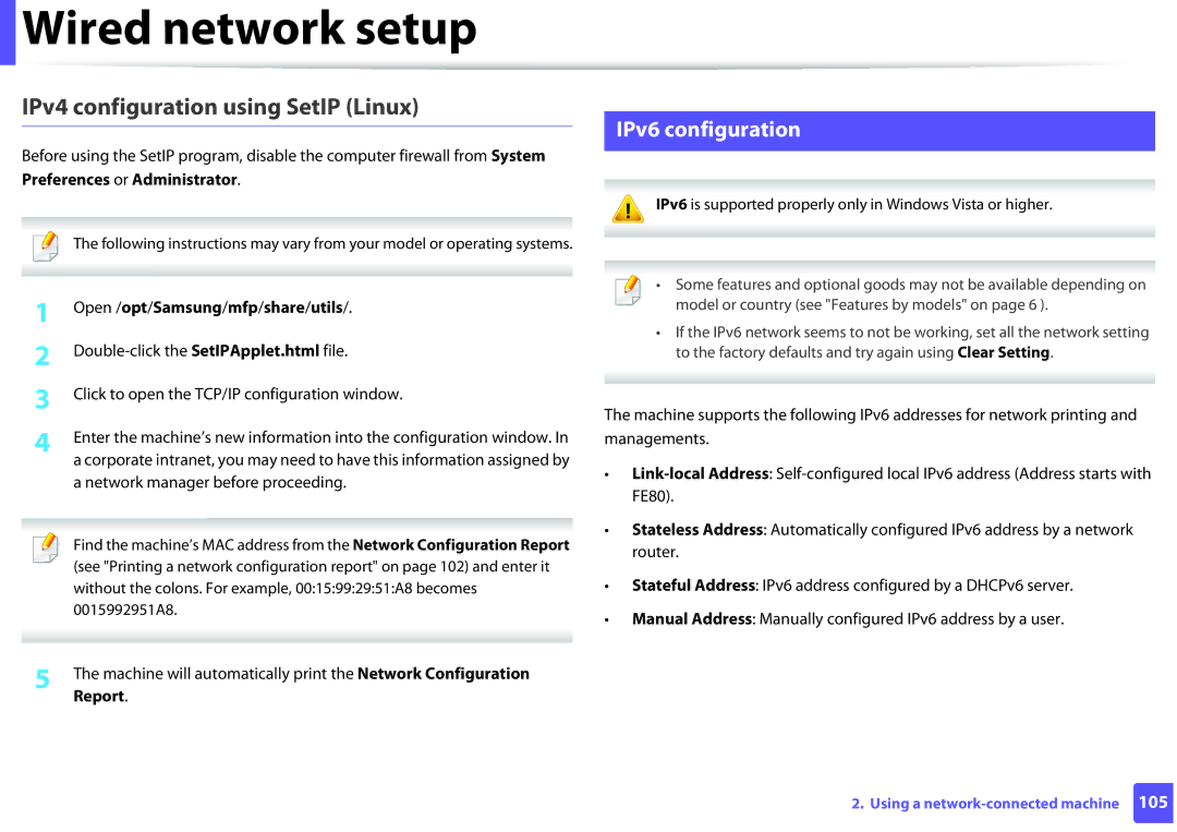 Samsung M282x, M262x, SLM2625D manual IPv4 configuration using SetIP Linux, IPv6 configuration, Preferences or Administrator 