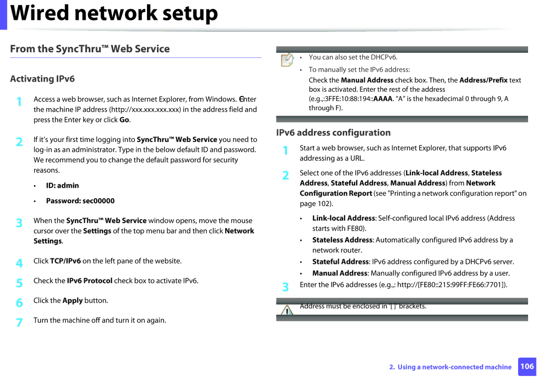 Samsung M262x, M282x From the SyncThru Web Service, Press the Enter key or click Go, ID admin Password sec00000, Settings 