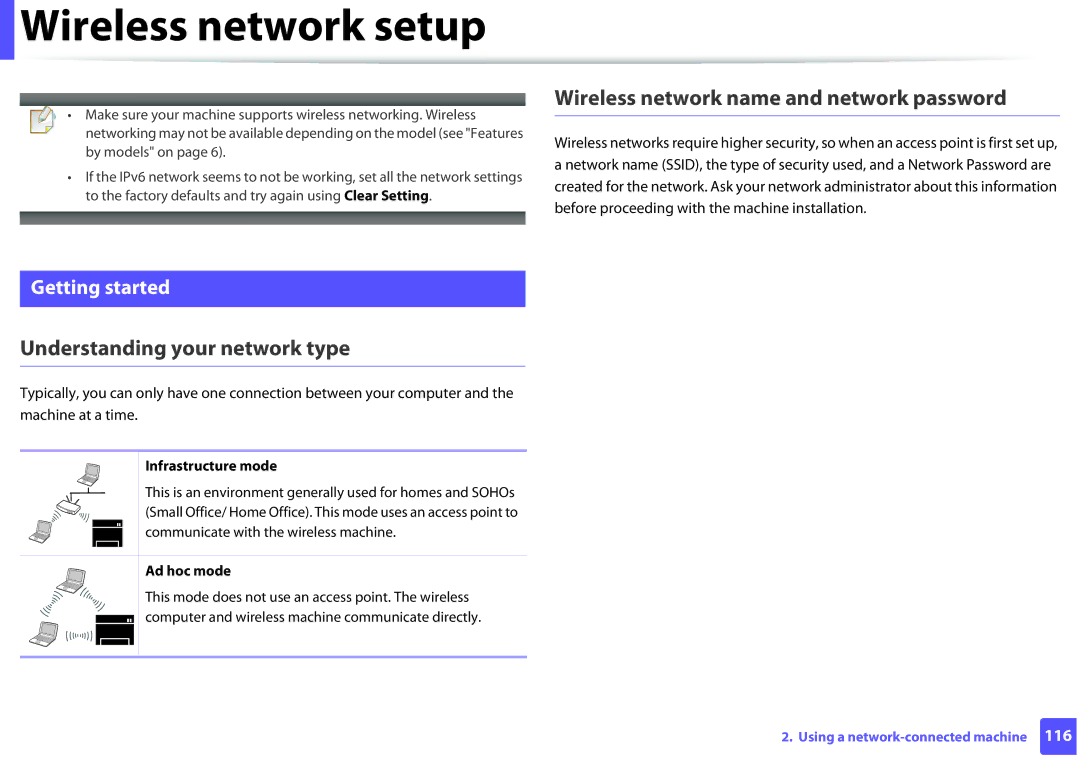 Samsung M262x, M282x Wireless network setup, Wireless network name and network password, Understanding your network type 