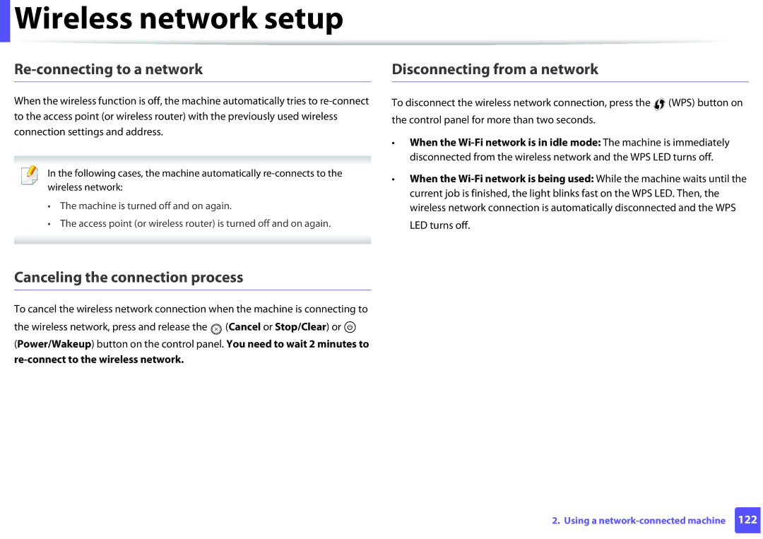 Samsung SLM2625D, M282x, M262x Re-connecting to a network, Canceling the connection process, Disconnecting from a network 