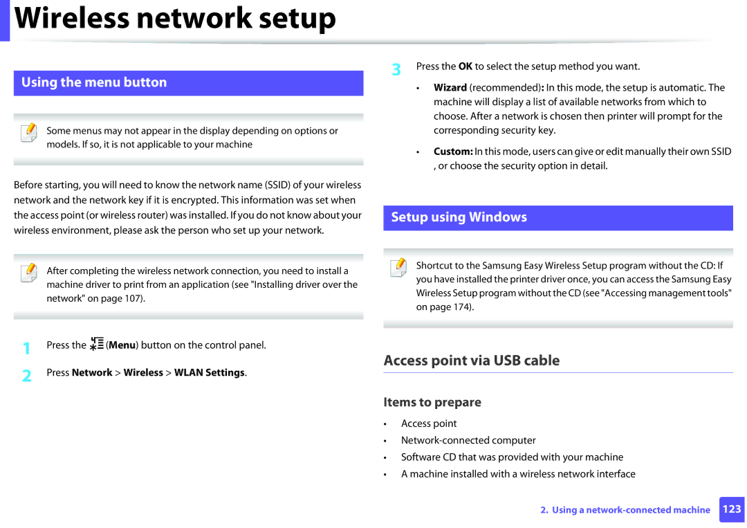 Samsung SLM2625DXAC, M282x, M262x, SLM2825DW manual Access point via USB cable, Using the menu button, Setup using Windows 