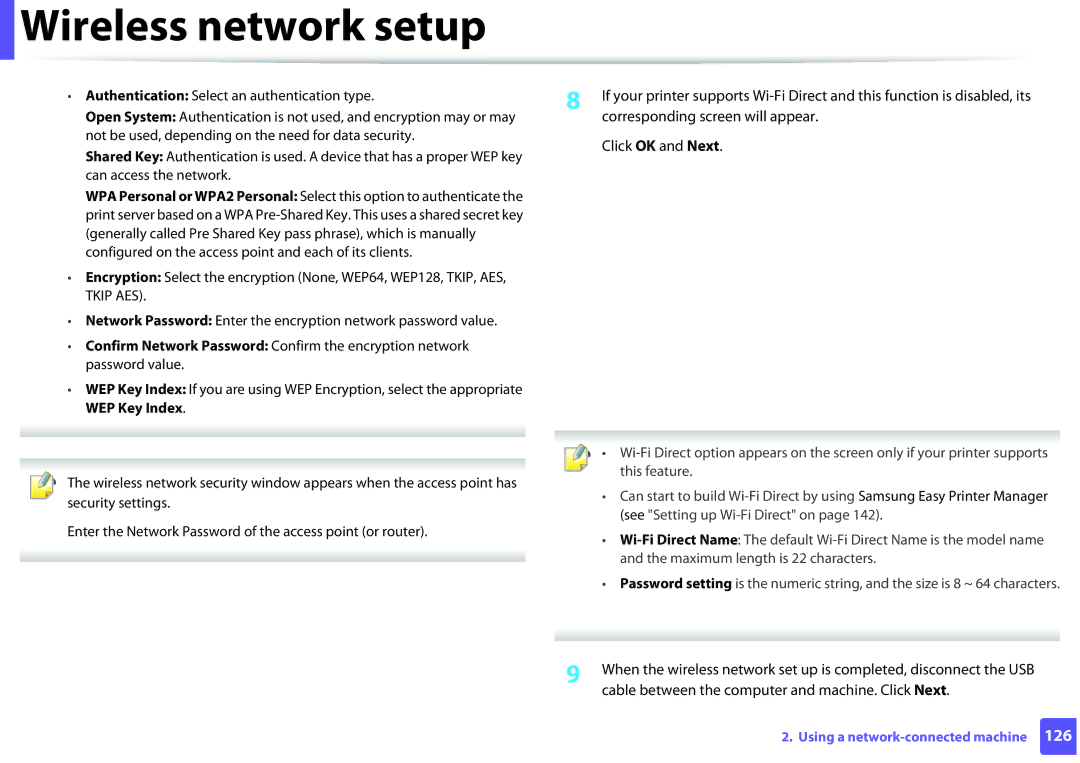 Samsung M262x, M282x, SLM2625DXAC, SLM2825DW manual Wireless network setup 