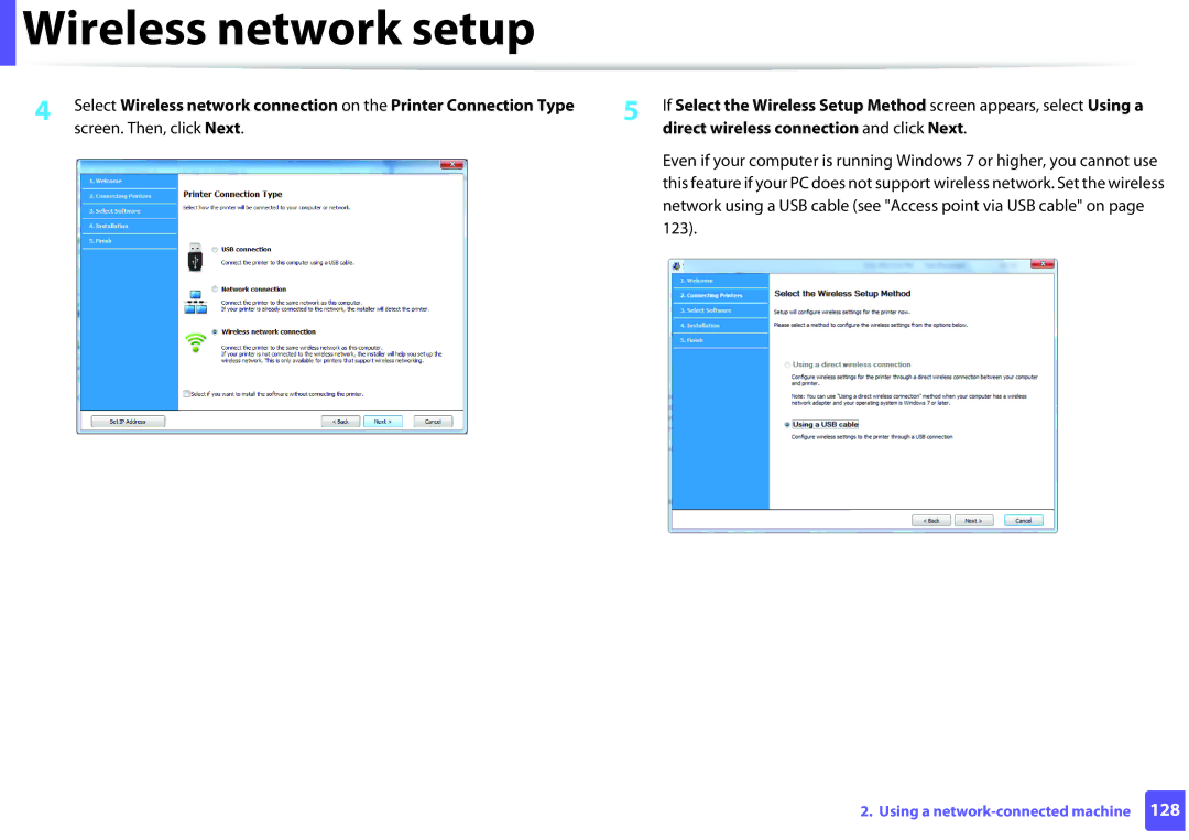 Samsung SLM2625DXAC, M282x, M262x, SLM2825DW manual Screen. Then, click Next, Direct wireless connection and click Next, 123 