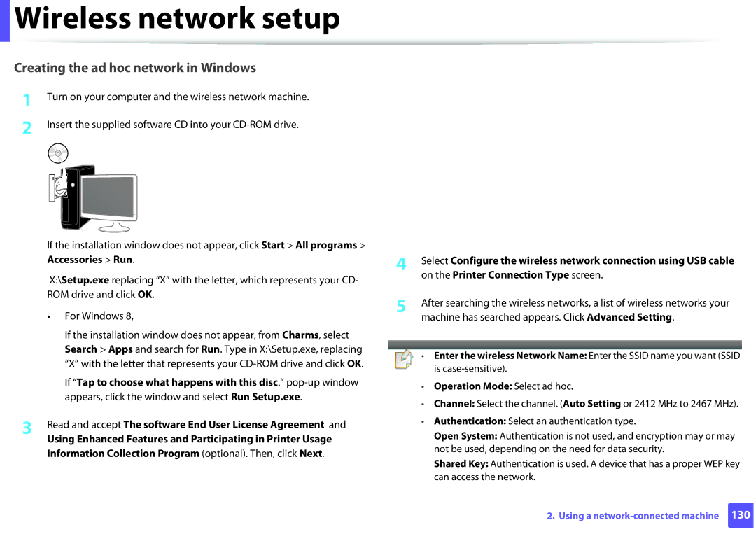 Samsung M282x, M262x, SLM2625DXAC, SLM2825DW manual Creating the ad hoc network in Windows, Operation Mode Select ad hoc 