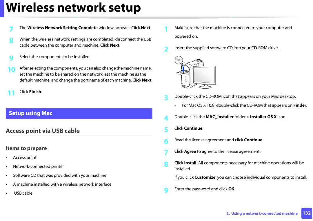 Samsung M282x, M262x, SLM2625DXAC manual Setup using Mac, Wireless Network Setting Complete window appears. Click Next 