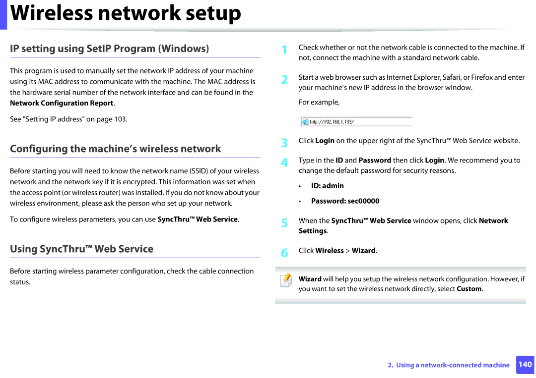 Samsung M282x IP setting using SetIP Program Windows, Configuring the machine’s wireless network, Click Wireless Wizard 