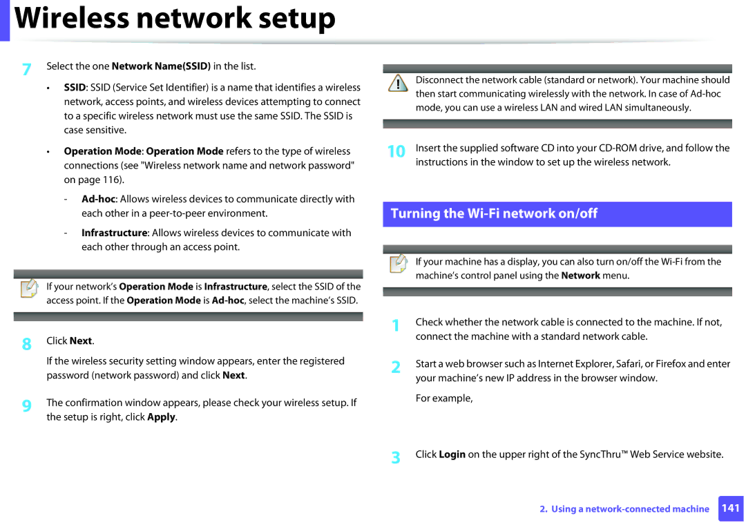 Samsung M262x, M282x, SLM2625DXAC, SLM2825DW manual Turning the Wi-Fi network on/off 