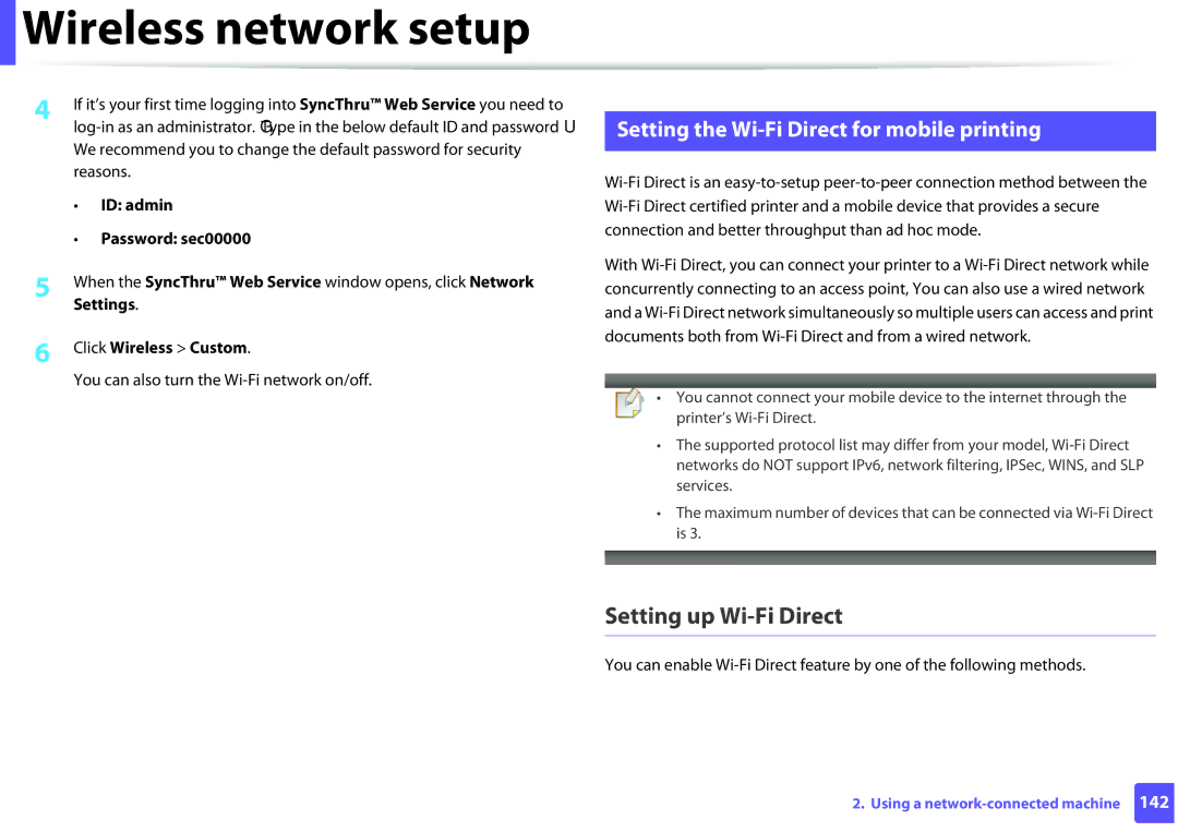 Samsung SLM2625D, M282x, M262x Setting up Wi-Fi Direct, Setting the Wi-Fi Direct for mobile printing, Click Wireless Custom 