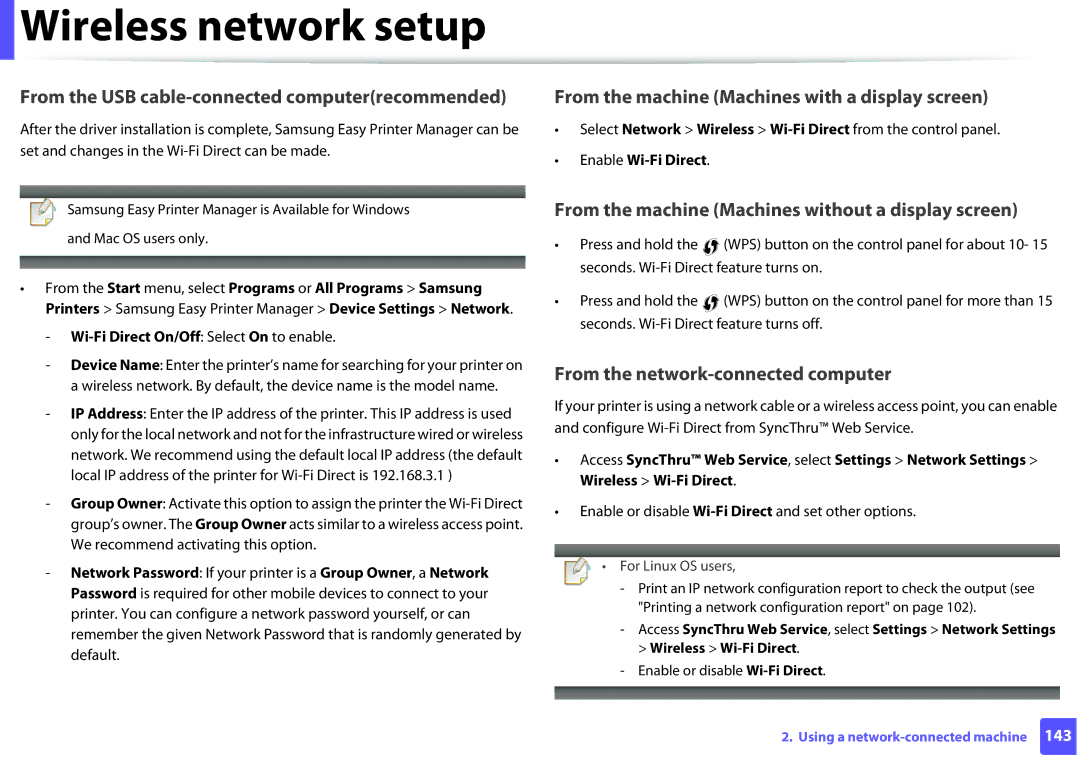 Samsung SLM2625DXAC Wi-Fi Direct On/Off Select On to enable, Select Network Wireless Wi-Fi Direct from the control panel 