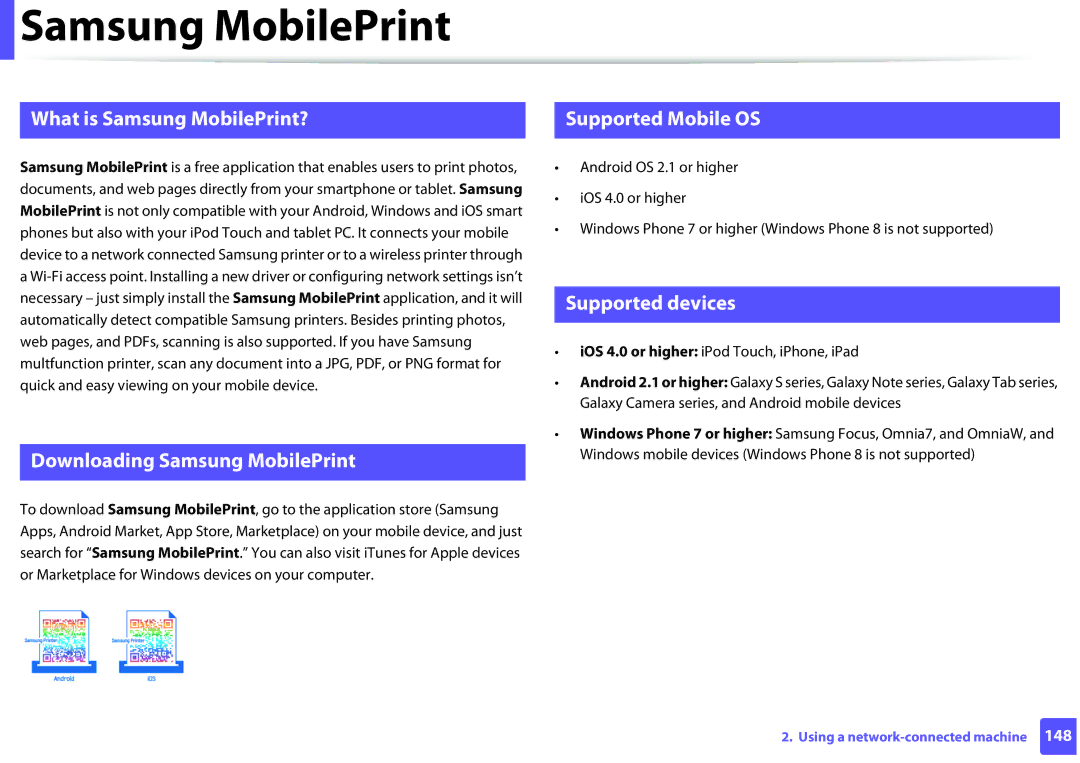 Samsung SLM2625DXAC, M282x, M262x, SLM2825DW manual Samsung MobilePrint, Supported Mobile OS, Supported devices 