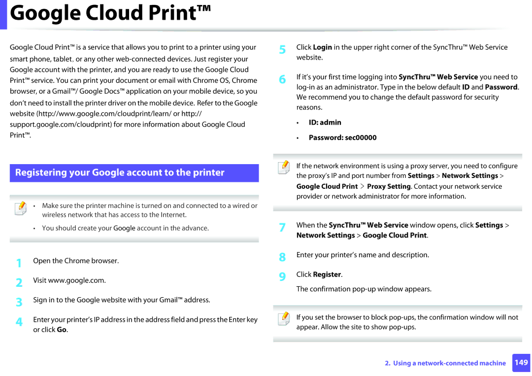 Samsung SLM2825DW, M282x, M262x, SLM2625D Google Cloud Print, Registering your Google account to the printer, Click Register 