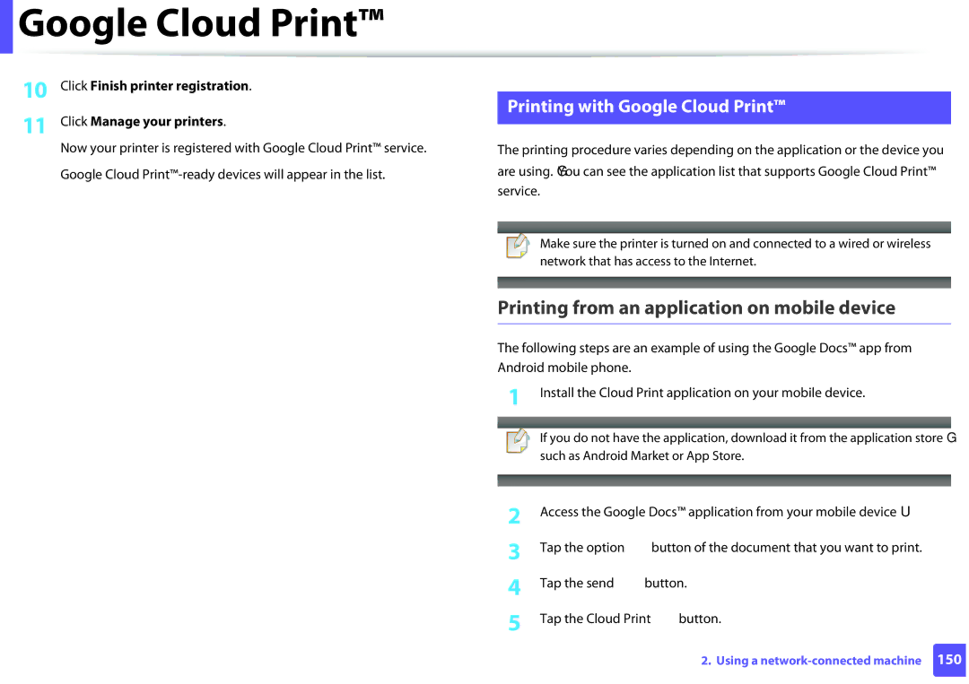 Samsung M282x Printing from an application on mobile device, Printing with Google Cloud Print, Click Manage your printers 