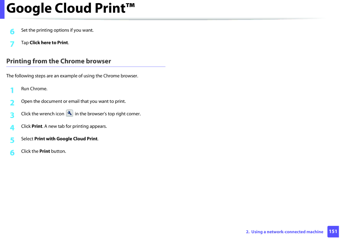 Samsung M262x, M282x manual Printing from the Chrome browser, Set the printing options if you want, Tap Click here to Print 