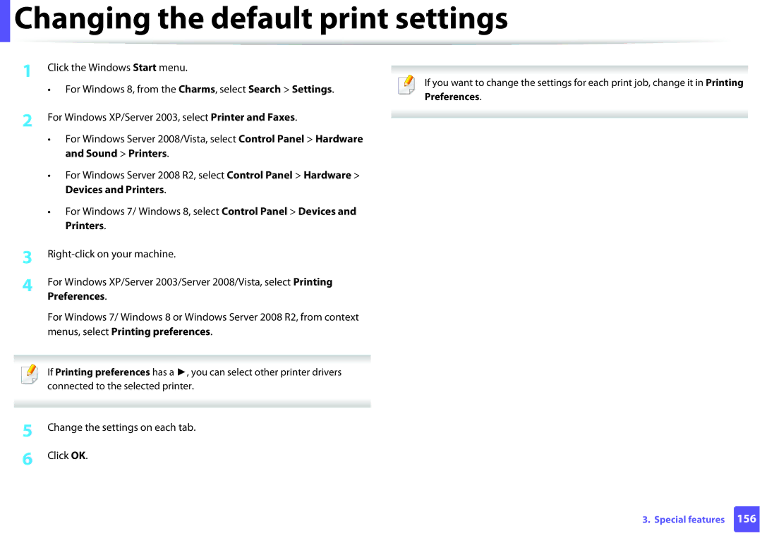 Samsung M262x, M282x, SLM2625D Changing the default print settings, Change the settings on each tab Click OK, Preferences 