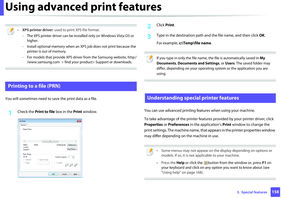 Samsung SLM2625DXAC, M282x Using advanced print features, Printing to a file PRN, Understanding special printer features 