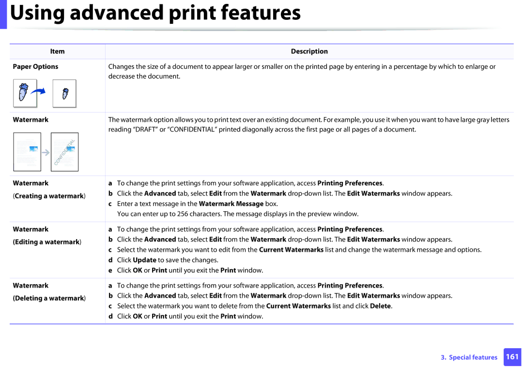 Samsung M262x, M282x, SLM2625DXAC, SLM2825DW manual Creating a watermark, Editing a watermark, Deleting a watermark 