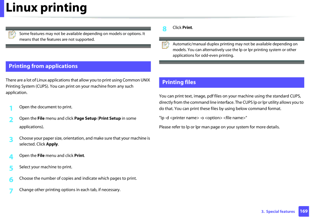 Samsung SLM2825DW, M282x, M262x, SLM2625DXAC manual Linux printing, Printing from applications, Printing files 