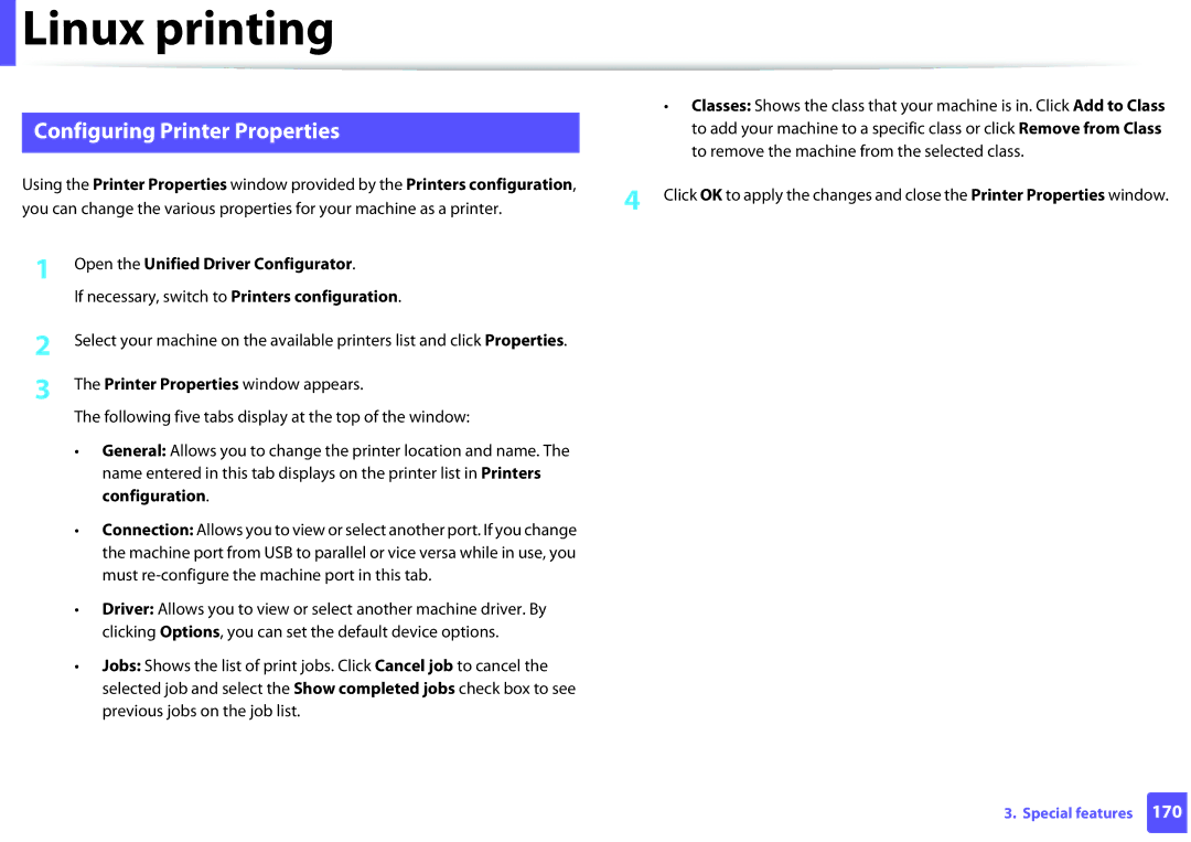 Samsung M282x, M262x, SLM2625DXAC manual Configuring Printer Properties, To remove the machine from the selected class 