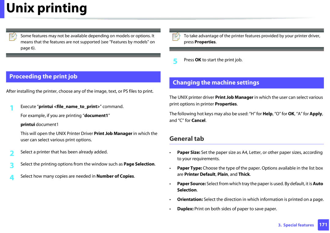 Samsung M262x, M282x, SLM2625D manual Unix printing, General tab, Proceeding the print job, Changing the machine settings 