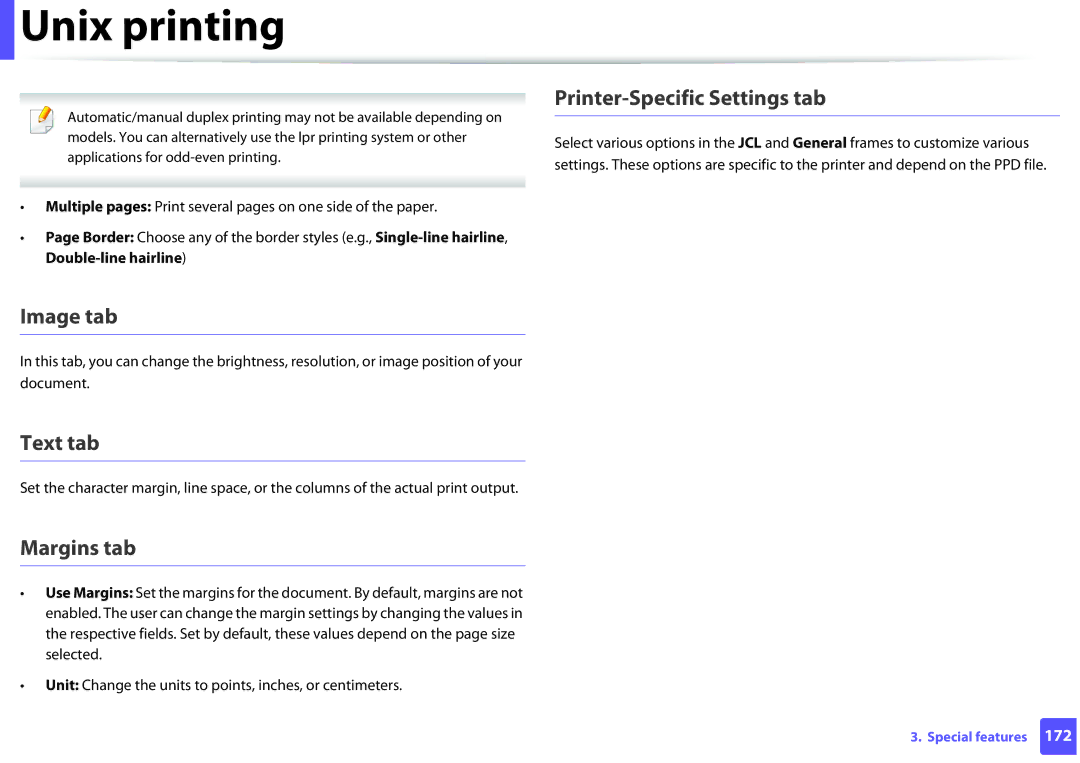 Samsung M282x, M262x, SLM2625DXAC, SLM2825DW manual Image tab, Text tab, Margins tab, Printer-Specific Settings tab 