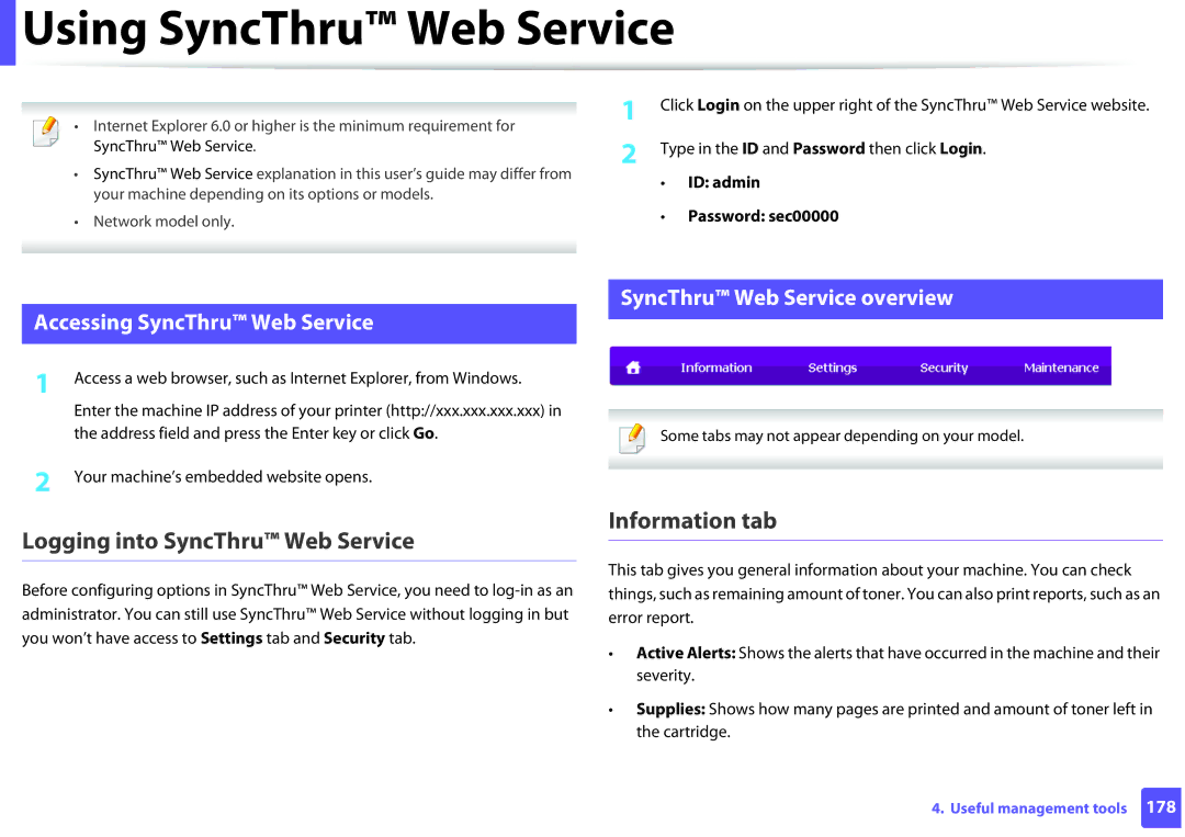 Samsung SLM2625DXAC, M282x, M262x, SLM2825DW Using SyncThru Web Service, Logging into SyncThru Web Service, Information tab 