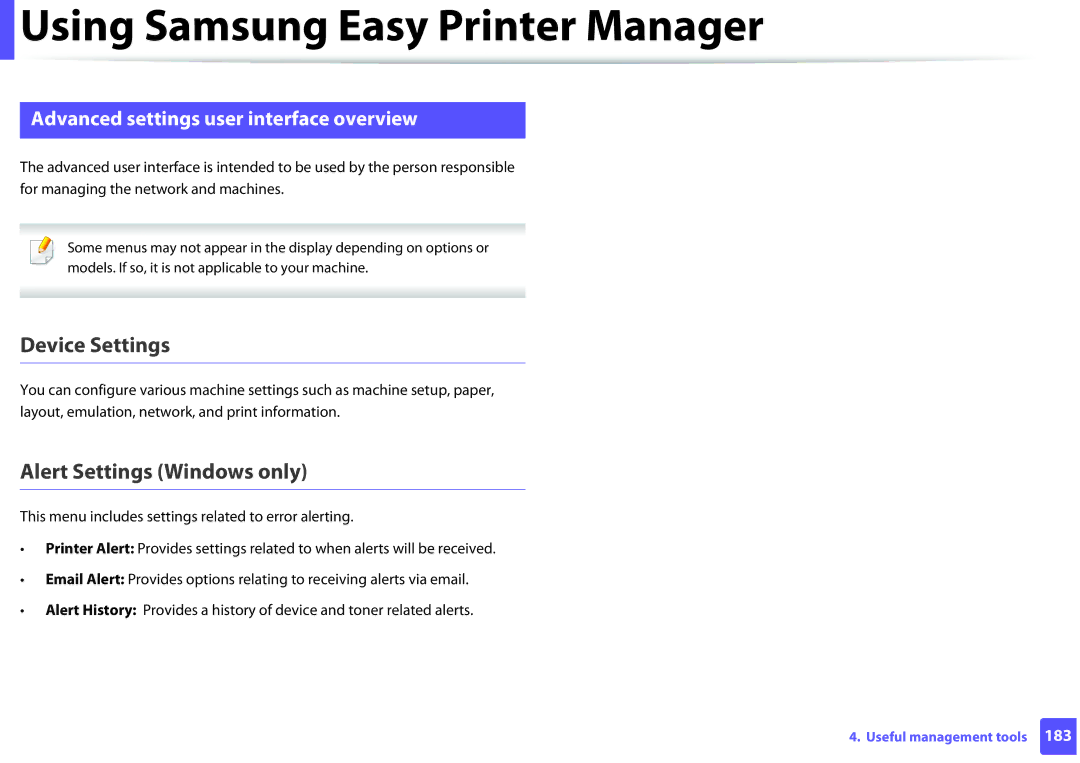 Samsung SLM2625DXAC, M282x, M262x Device Settings, Alert Settings Windows only, Advanced settings user interface overview 