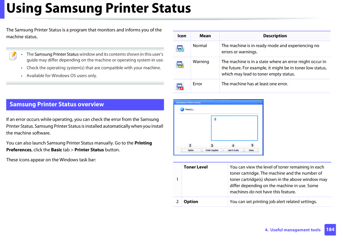 Samsung SLM2825DW Samsung Printer Status overview, Machine status, Preferences, click the Basic tab Printer Status button 