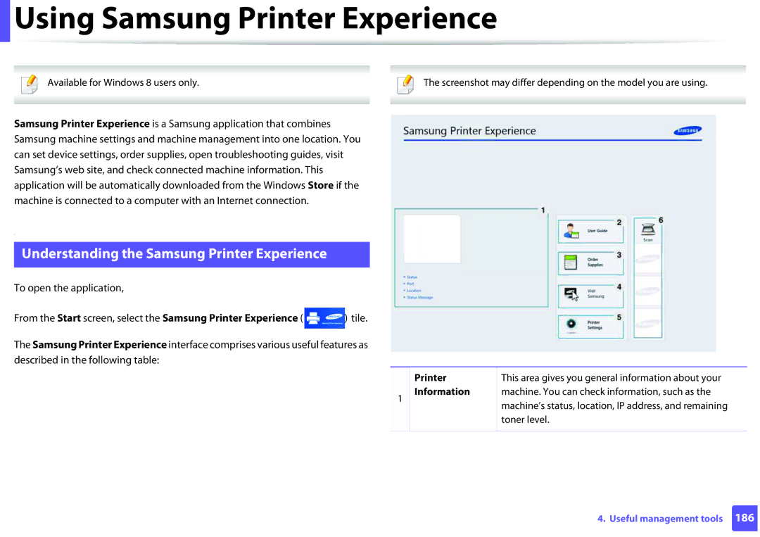 Samsung M262x, M282x Using Samsung Printer Experience, Understanding the Samsung Printer Experience, Printer Information 