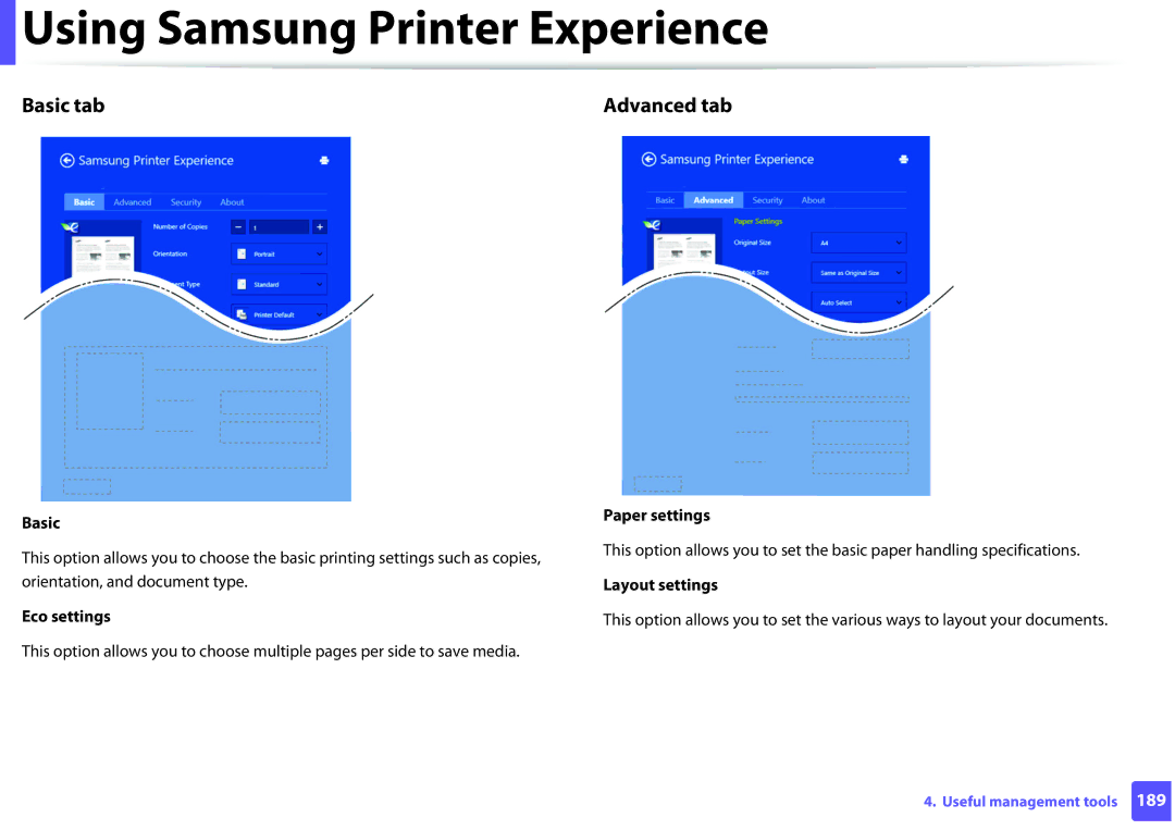 Samsung SLM2825DW, M282x, M262x, SLM2625DXAC manual Basic, Eco settings, Paper settings, Layout settings 