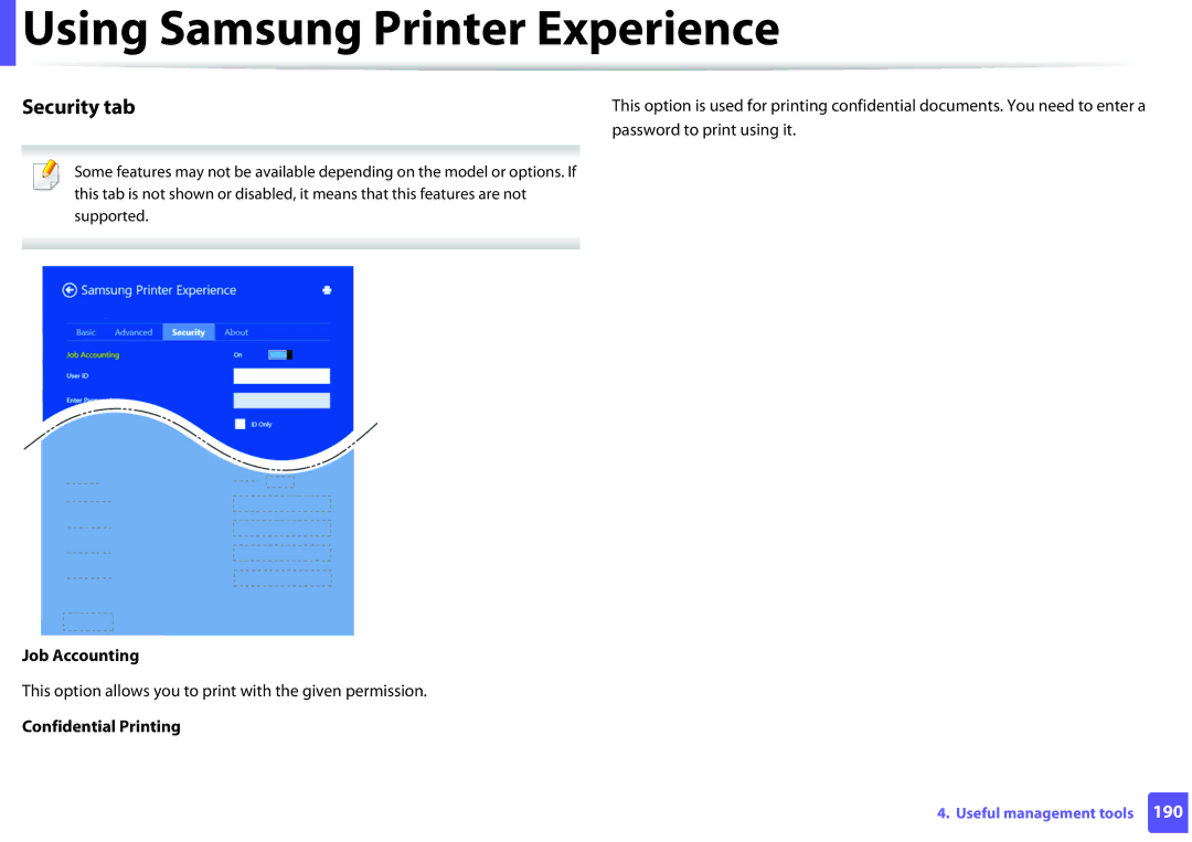 Samsung M282x, M262x Password to print using it, Job Accounting, This option allows you to print with the given permission 