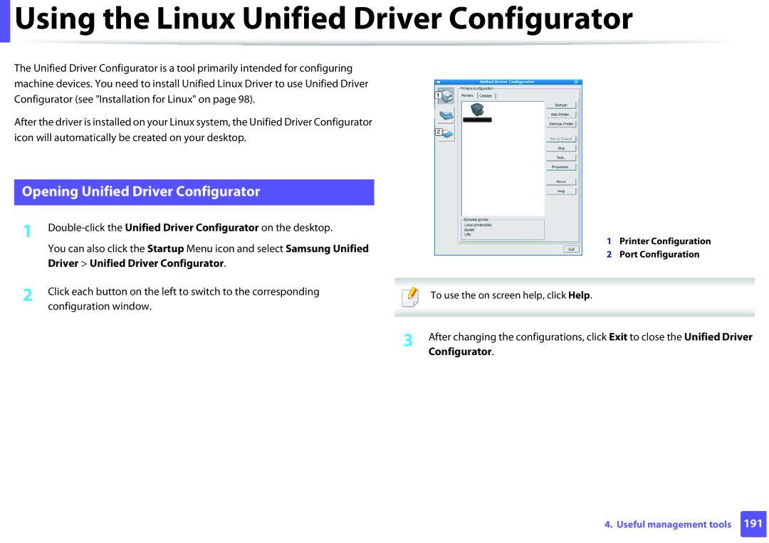 Samsung M262x, M282x, SLM2625DXAC manual Using the Linux Unified Driver Configurator, Opening Unified Driver Configurator 