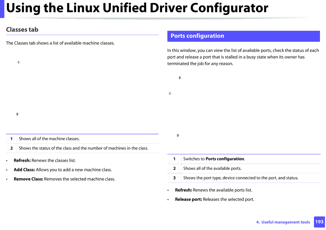 Samsung SLM2625DXAC, M282x, M262x, SLM2825DW Ports configuration, Classes tab shows a list of available machine classes 