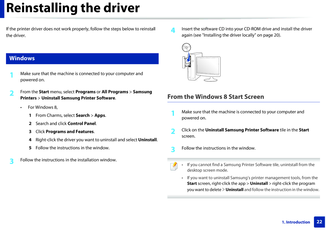 Samsung M282x, M262x, SLM2625DXAC, SLM2825DW manual Reinstalling the driver, Click Programs and Features 