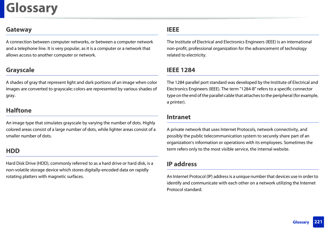 Samsung M262x, M282x, SLM2625DXAC, SLM2825DW manual Gateway, Grayscale, Halftone, Ieee, Intranet, IP address 