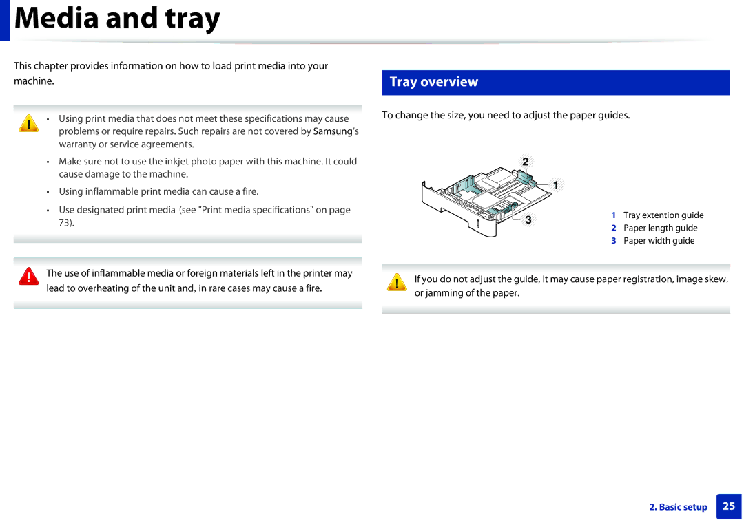 Samsung M282x, M262x, SLM2625D manual Media and tray, Tray overview, To change the size, you need to adjust the paper guides 