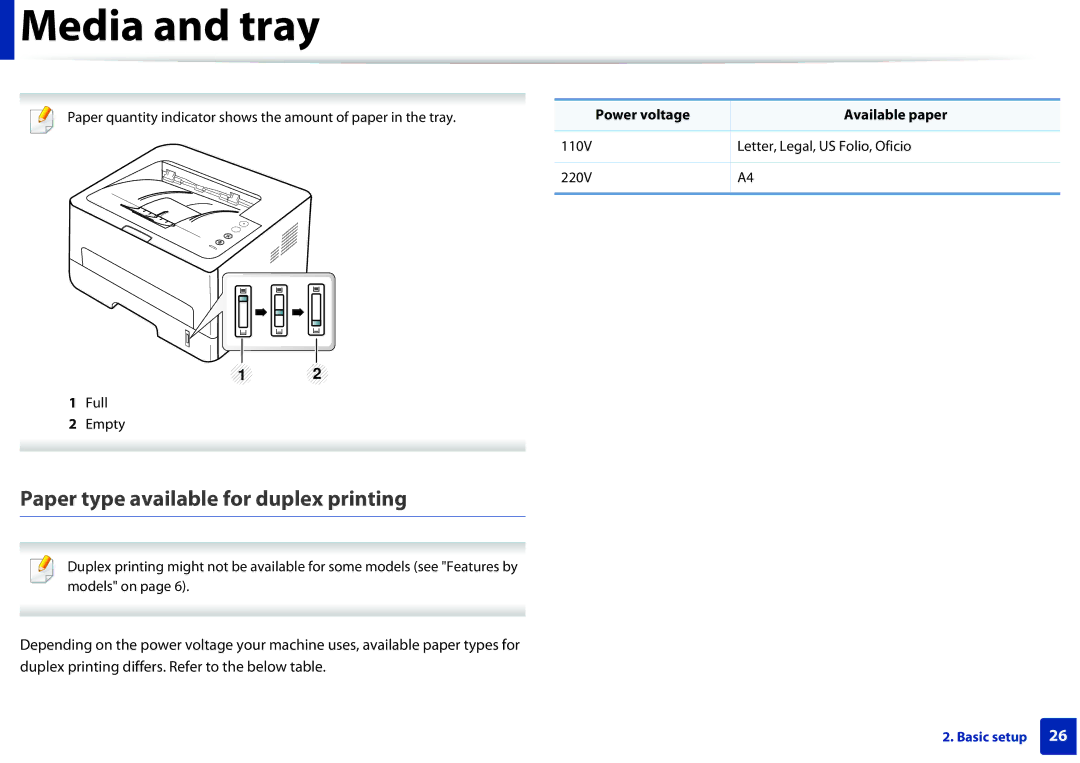 Samsung M262x, M282x, SLM2625DXAC, SLM2825DW manual Paper type available for duplex printing, Power voltage Available paper 