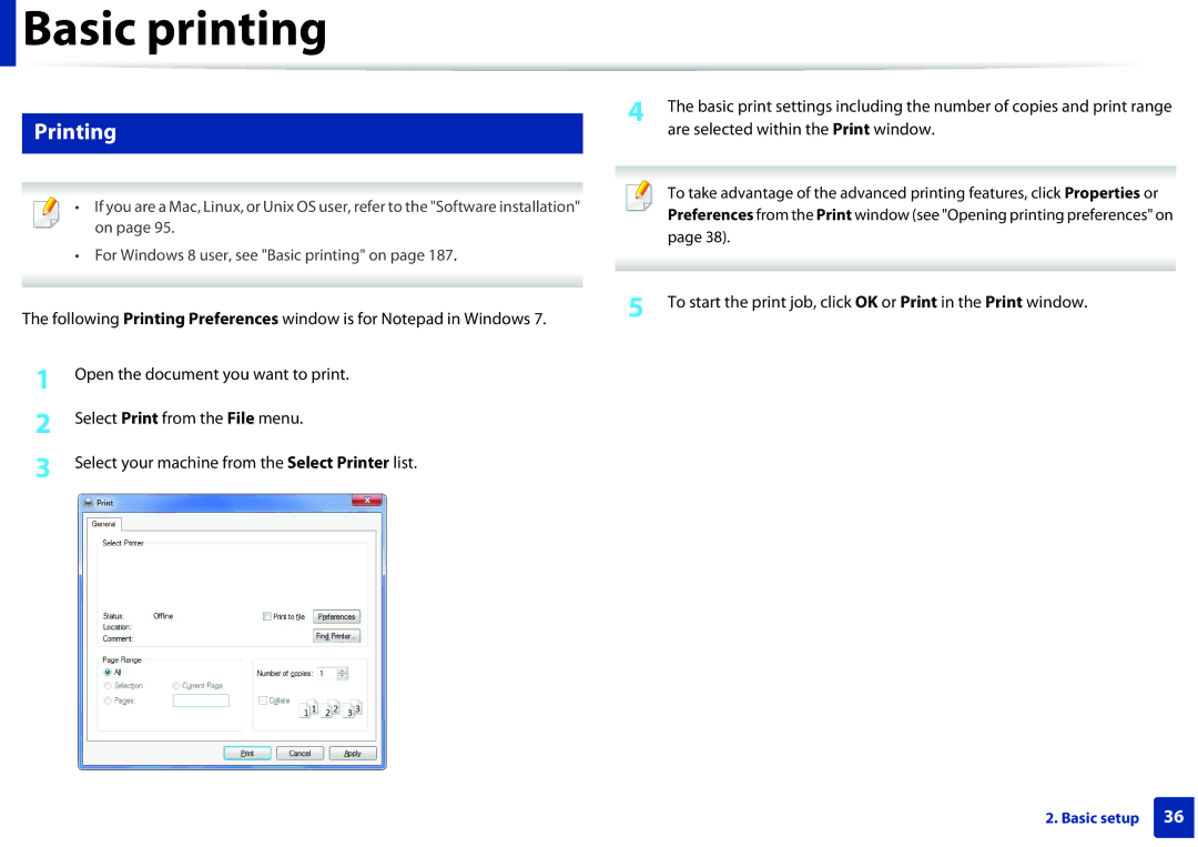 Samsung M262x, M282x, SLM2625DXAC, SLM2825DW manual Basic printing, Printing, Are selected within the Print window 