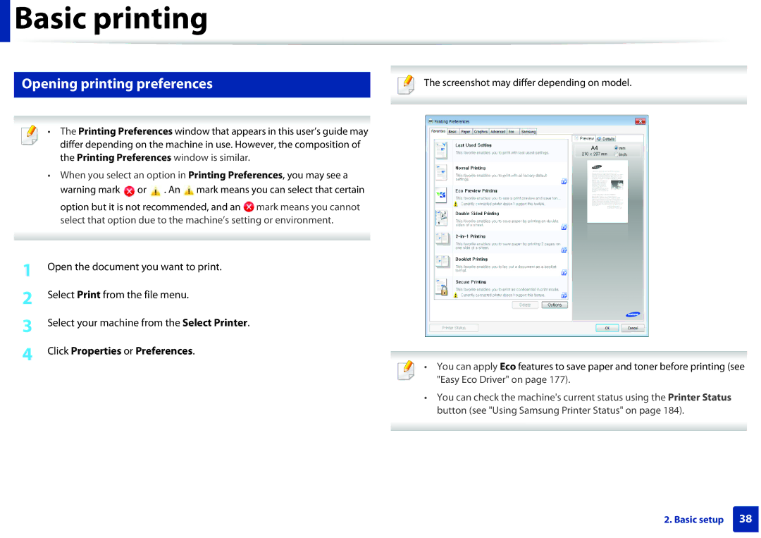 Samsung SLM2625DXAC, M282x, M262x, SLM2825DW manual Opening printing preferences, Click Properties or Preferences 