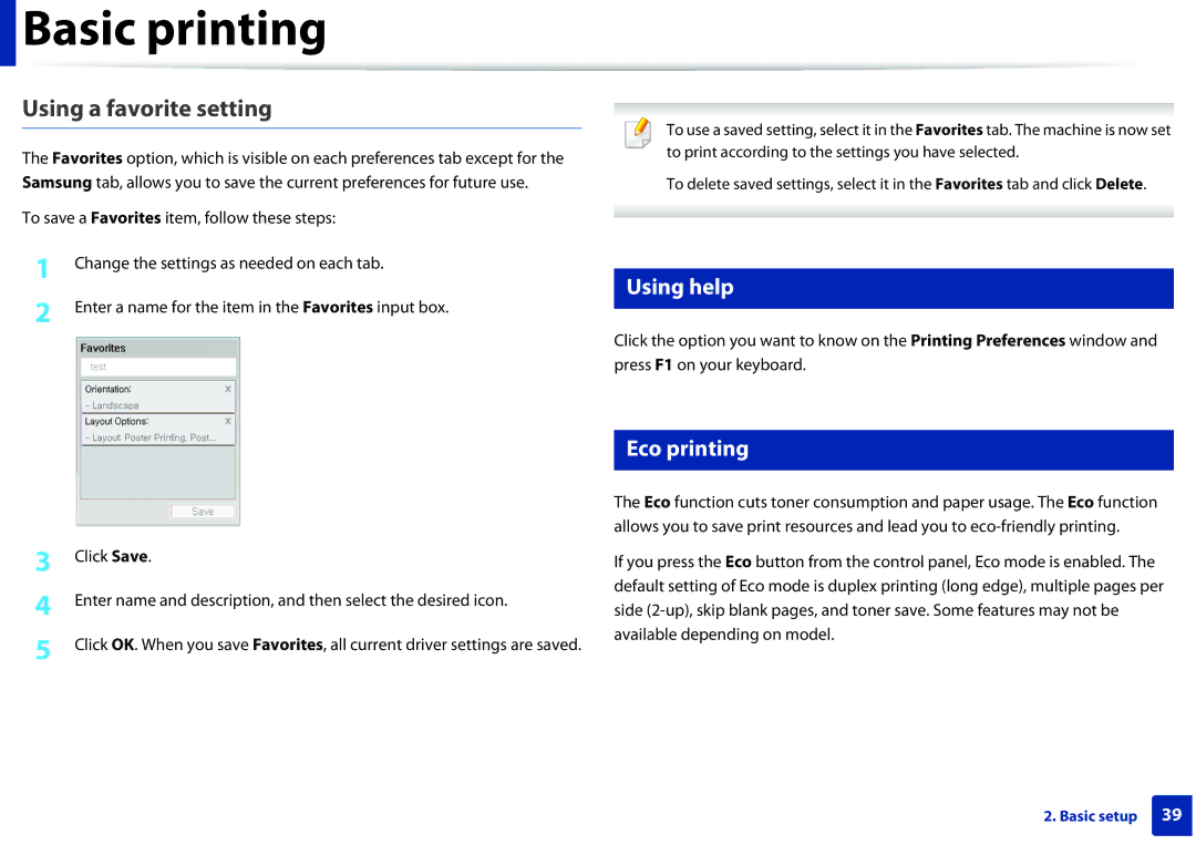 Samsung SLM2825DW, M282x Using a favorite setting, Using help, Eco printing, To save a Favorites item, follow these steps 