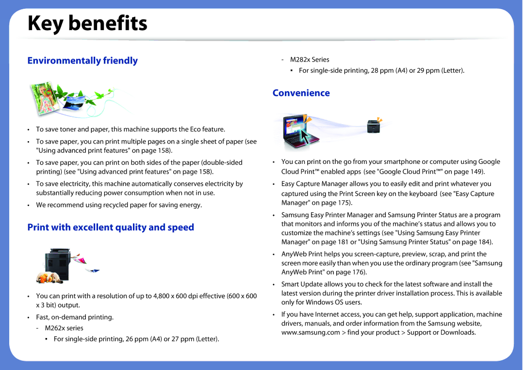 Samsung SLM2825DW, M282x, M262x, SLM2625DXAC manual Key benefits, Environmentally friendly 