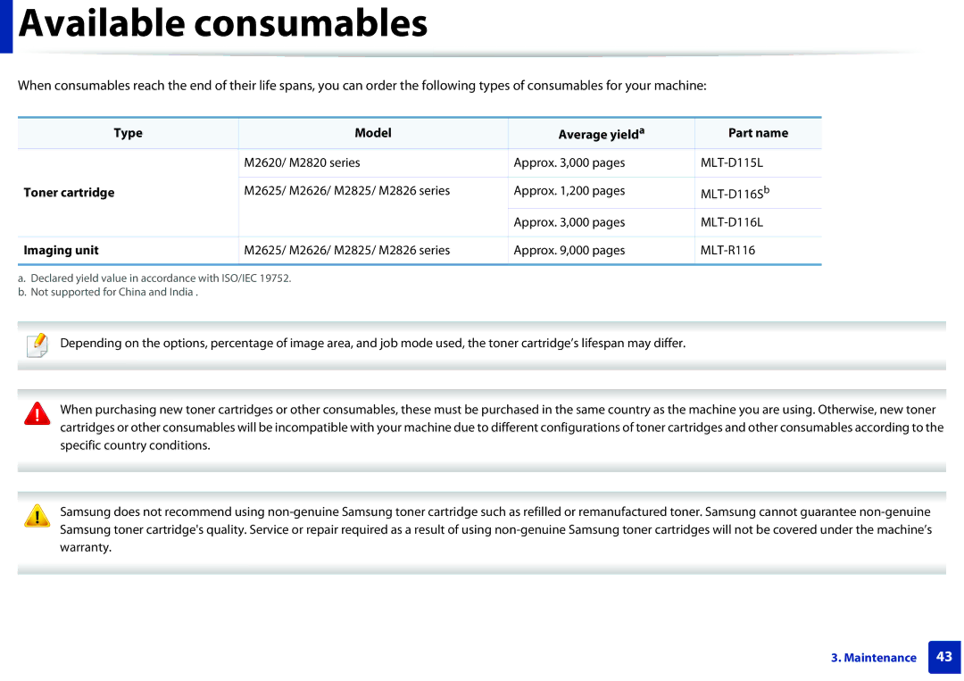 Samsung SLM2625DXAC, M282x manual Available consumables, Type Model Average yield a Part name, Toner cartridge, Imaging unit 