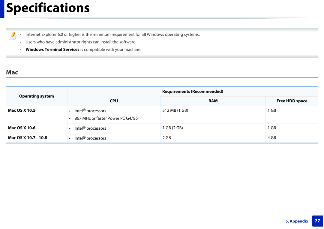 Samsung M282x, M262x, SLM2625DXAC, SLM2825DW manual Operating system Requirements Recommended, Mac OS X 10.7 