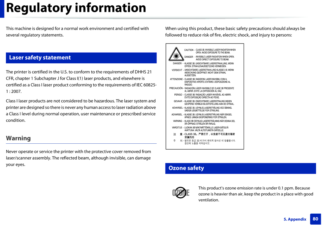 Samsung M282x, M262x, SLM2625DXAC, SLM2825DW manual Regulatory information, Laser safety statement, Ozone safety 