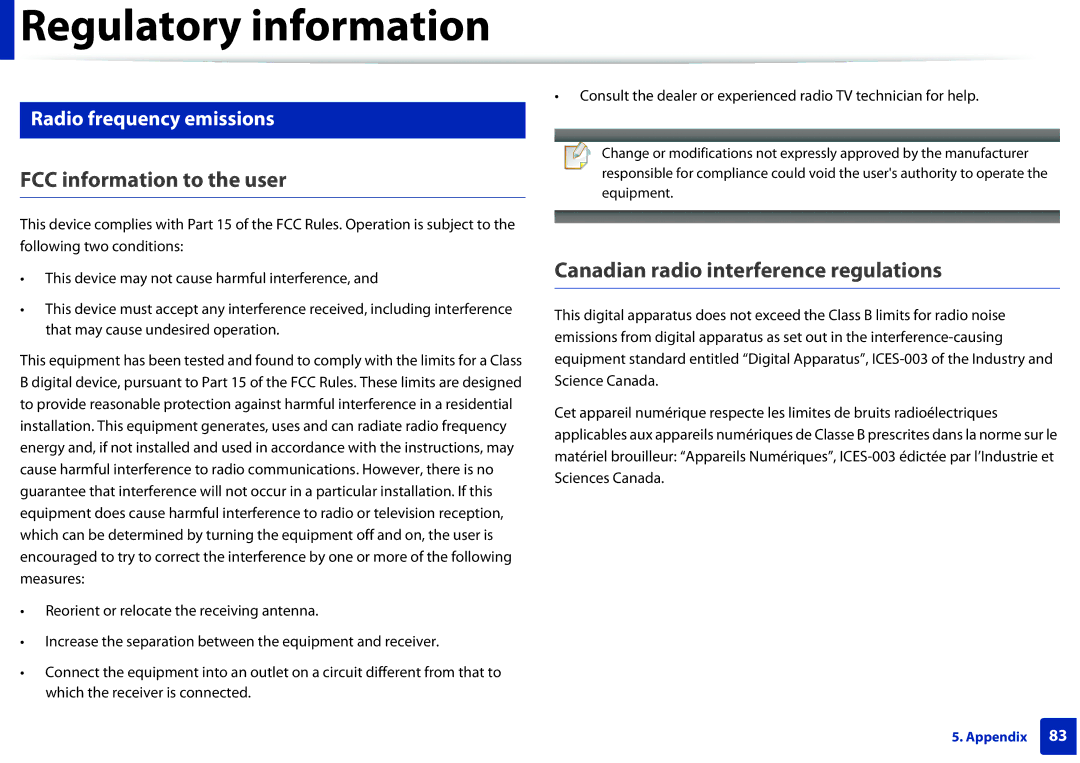 Samsung SLM2625DXAC, M282x FCC information to the user, Canadian radio interference regulations, Radio frequency emissions 